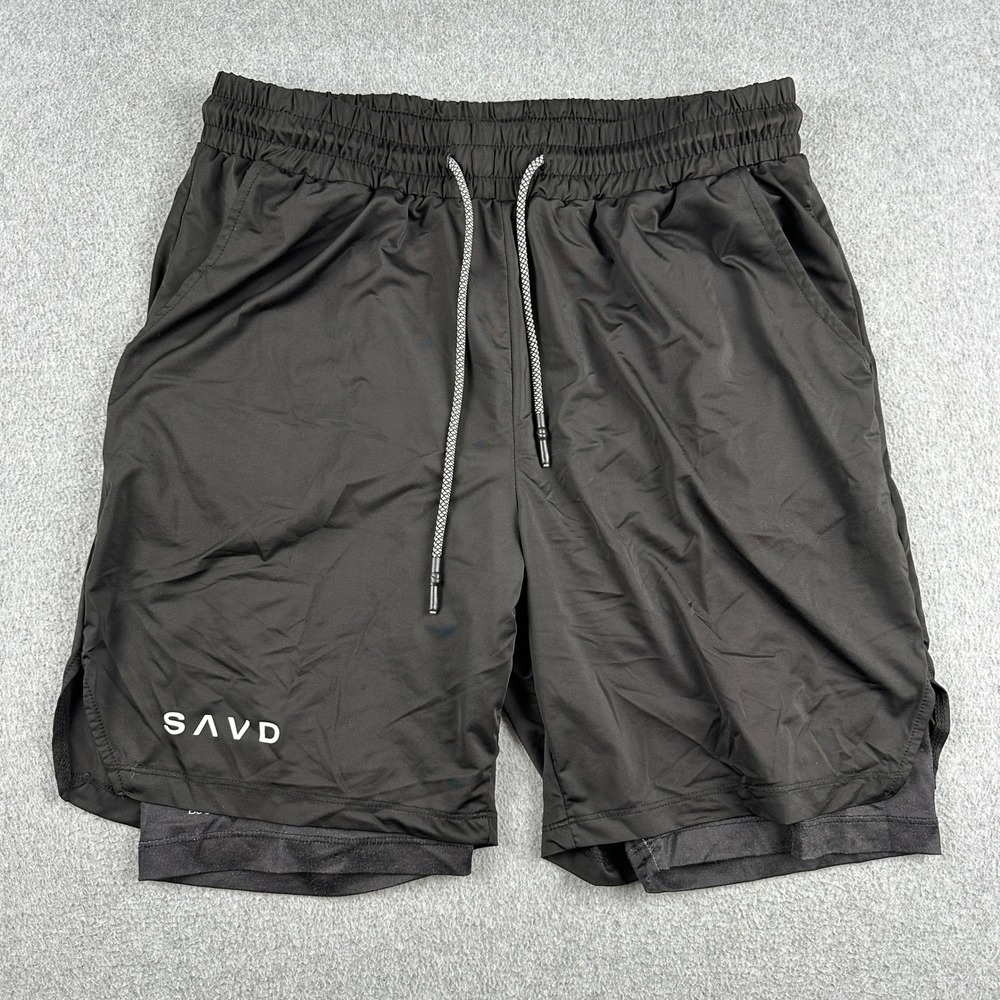 SAVD Shorts Mens L 2-in-1 Athletic Black Joshua 1:9 Lion Graphic Gym Training